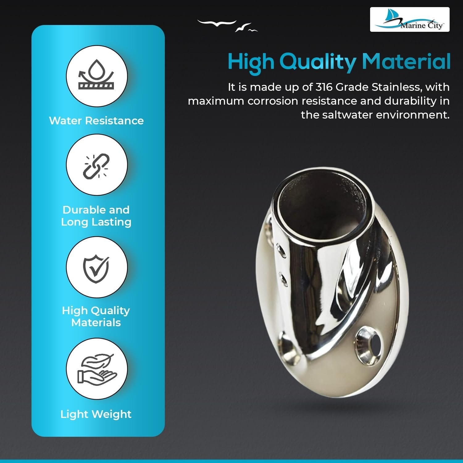 Marine City 316 Stainless Steel Boat Hand Railing Fittings – 1” Round Base Marine City