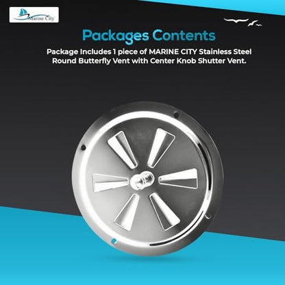 Marine City 5” Round Butterfly Vent–304 Stainless Steel Center Knob Shutter Vent