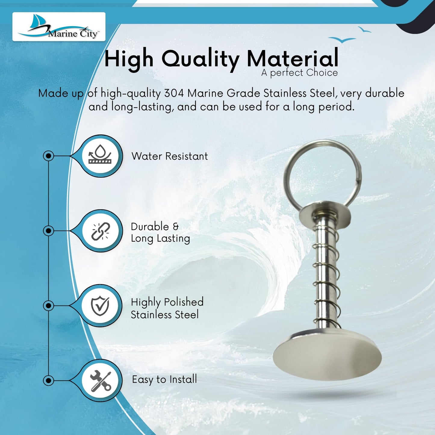 Marine City Hatch Cover Pull Handle with Spring Pin – 304 Stainless Steel
