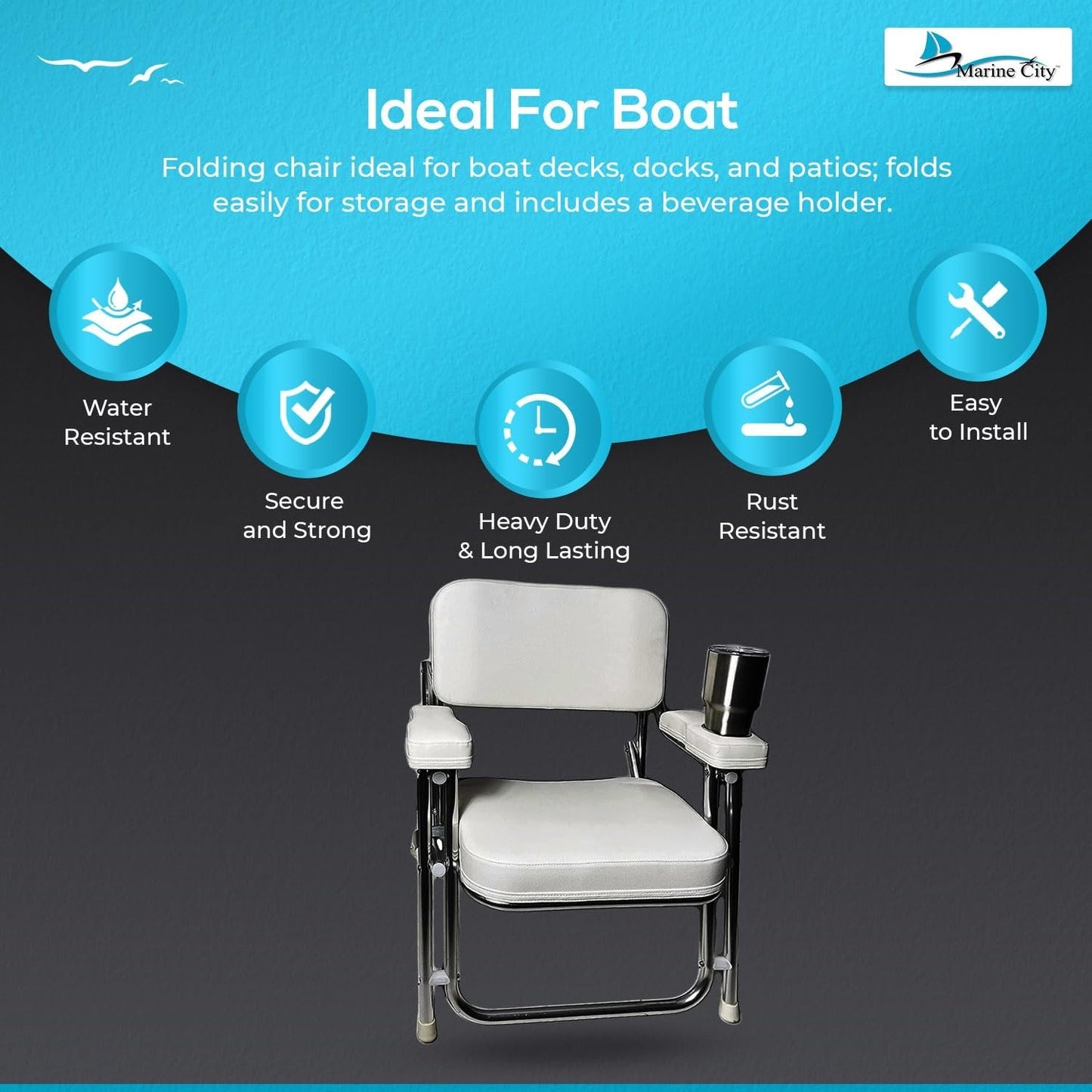 Marine City Aluminum Folding Deck Chair Cushioned Foam Seat with Drink Cup Holder MARINE CITY