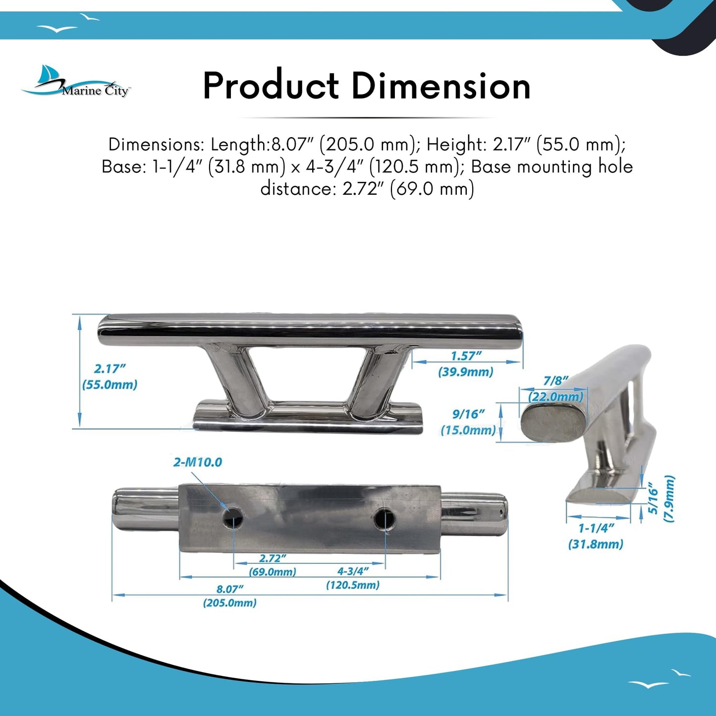 Marine City 8” Mooring Bollard Cleat – 316 Stainless Steel, Heavy Duty 5000 lbs