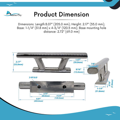 Marine City 8” Mooring Bollard Cleat – 316 Stainless Steel, Heavy Duty 5000 lbs