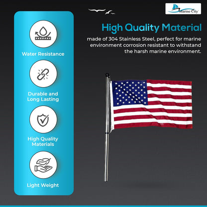 MARINE CITY 304 Grade Stainless Steel Spring Mounting Socket and 32 Inches Flag Stanchion Pole with US Flag Bright Polished Rail Mounted for Marines – Boats – Yachts – Ships – RVs (Pack of 1)