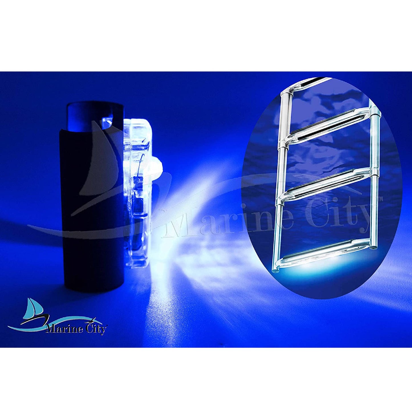 MARINE CITY Luz subacuática LED azul para barco que se adapta a escalones estándar de 1-1/2"(38 mm) para escalera marina (2 por paquete)