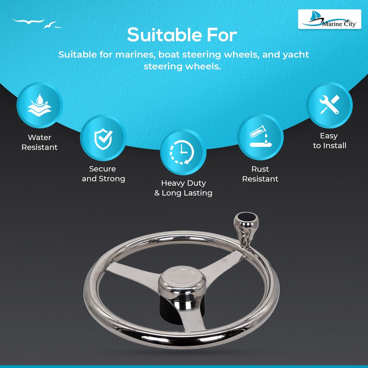 Marine City 13.5” 316 Stainless Steel 3-Spoke Sports Steering Wheel with Knob