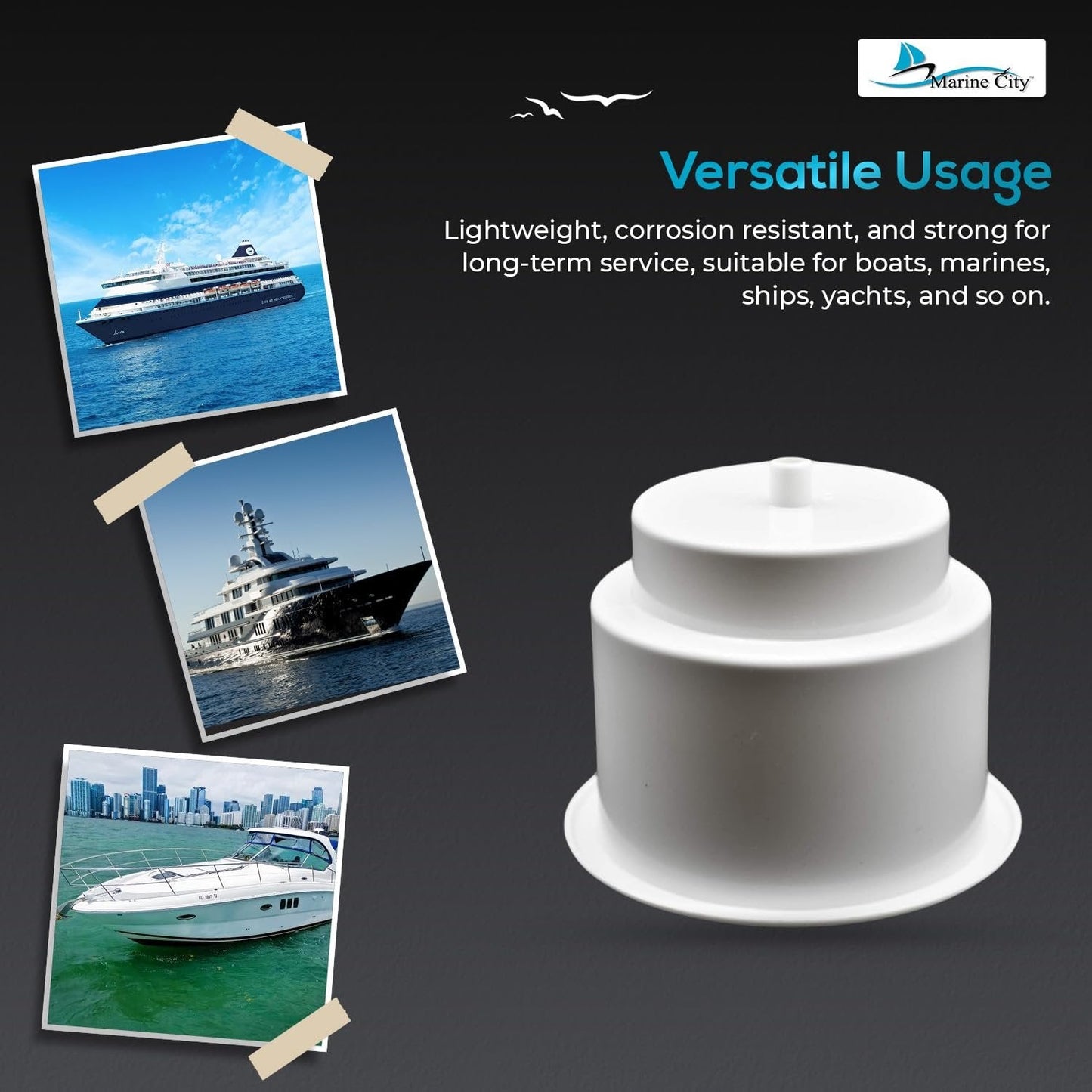 Marine City ABS White Plastic Cup Holder with Center Drain – Flush Mount Holder Marine City