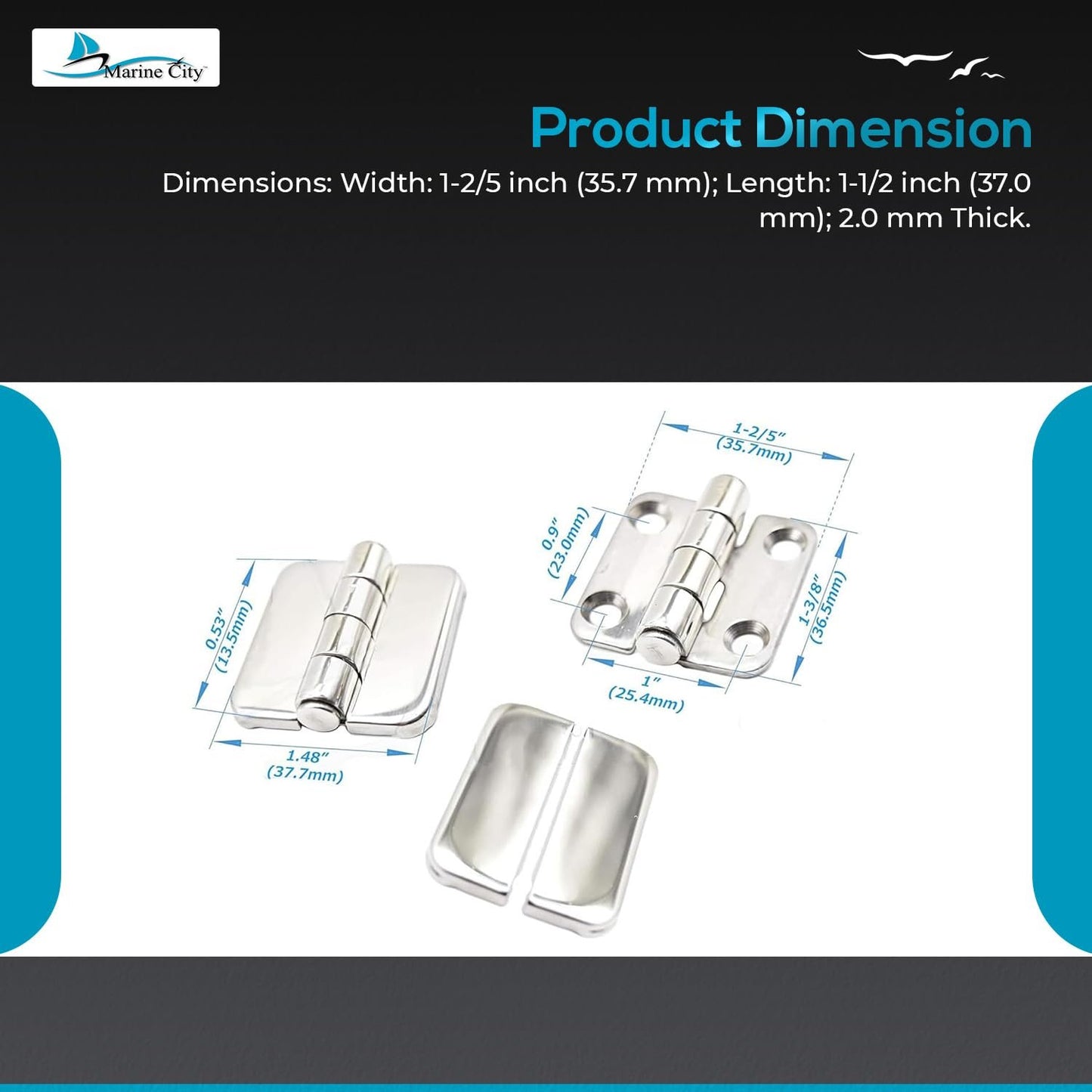 Marine City Stainless Steel Covered Strap Hinges w/ Cover Caps 3” × 1.5” (2 Pcs)