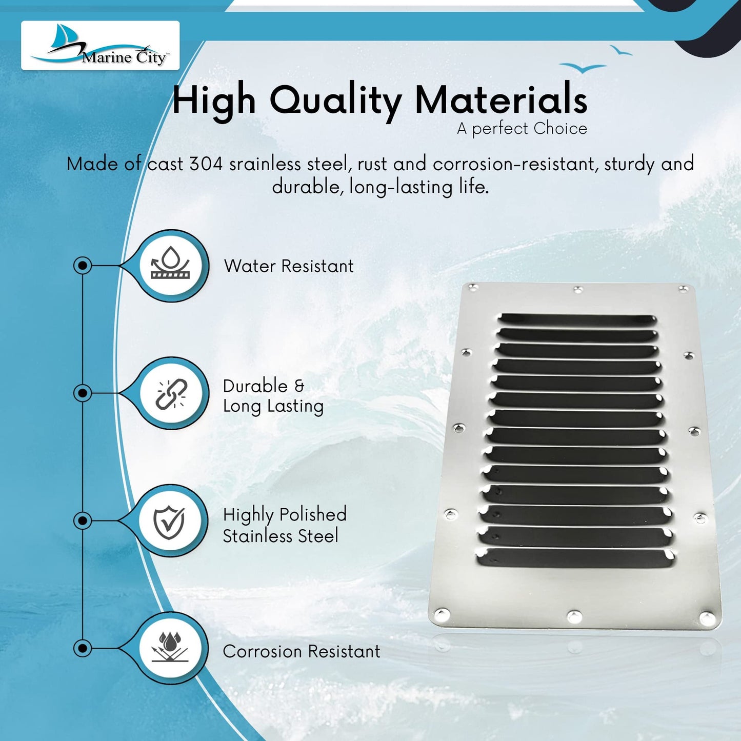 Marine City 316 Stainless Steel Rectangle Stamped Louvered Vent – 5 × 9 Inches