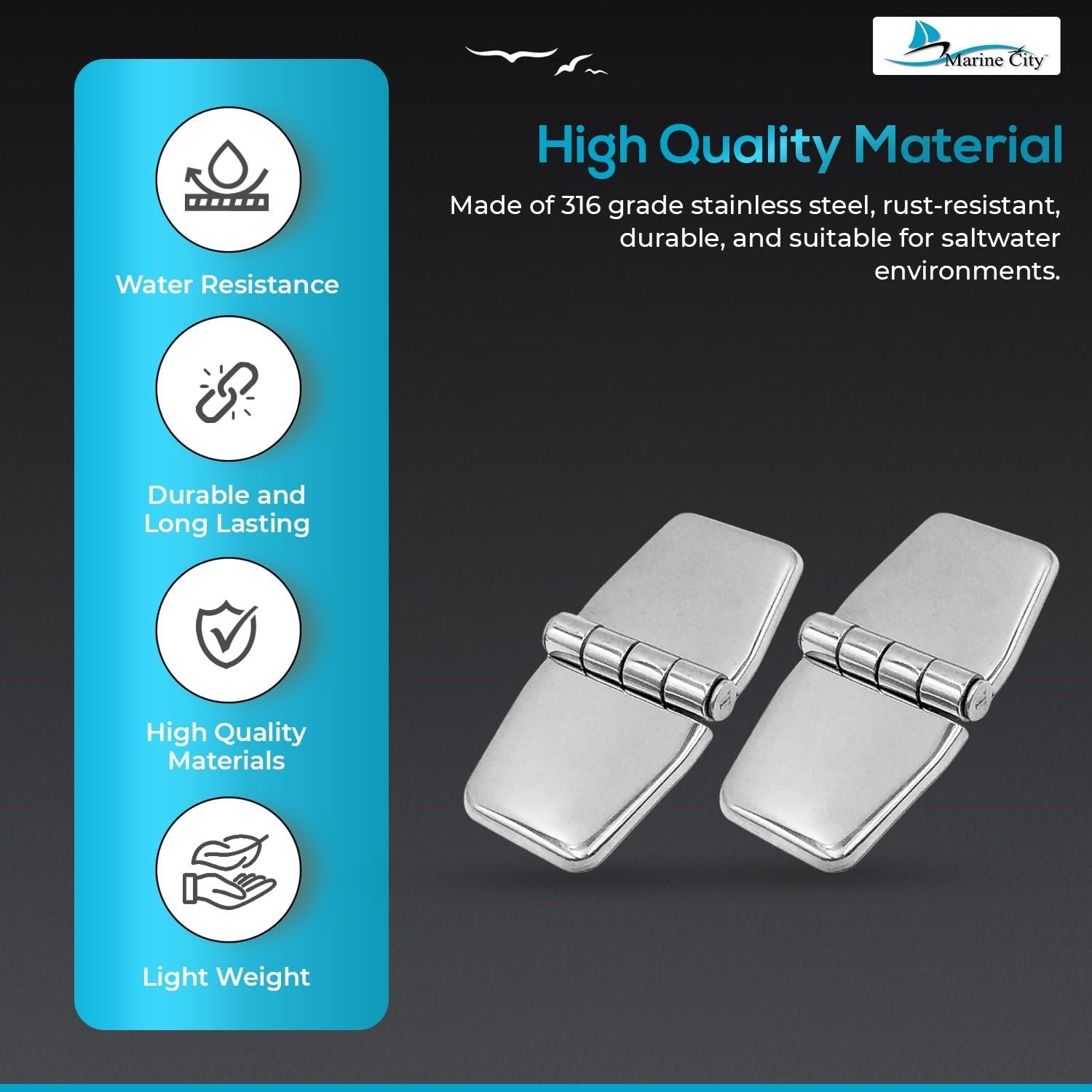 Marine City 316 Stainless Steel Covered Strap Hinges with Caps – 3" x 1-1/2" Marine City