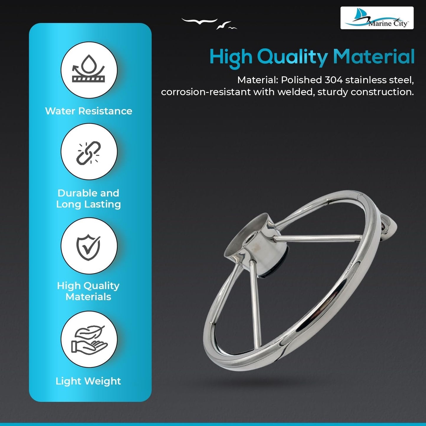 Marine City 5-Spoke Stainless Steel Steering Wheel – 13-1/2” Marine Helm Wheel MARINE CITY