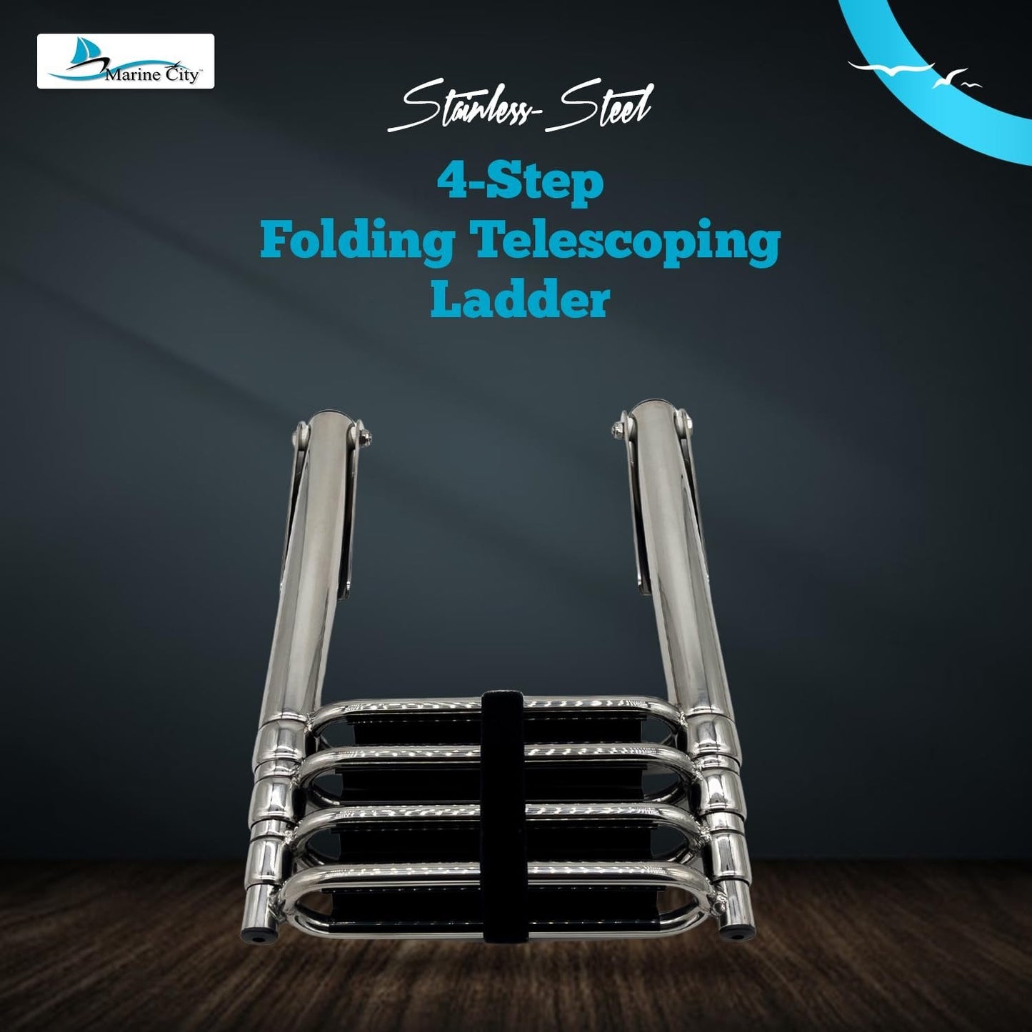 MARINE CITY 4-Step Folding Telescoping Ladder, 304 Stainless Steel Round Tube Boat Boarding Ladder for Swim Platforms & Docks
