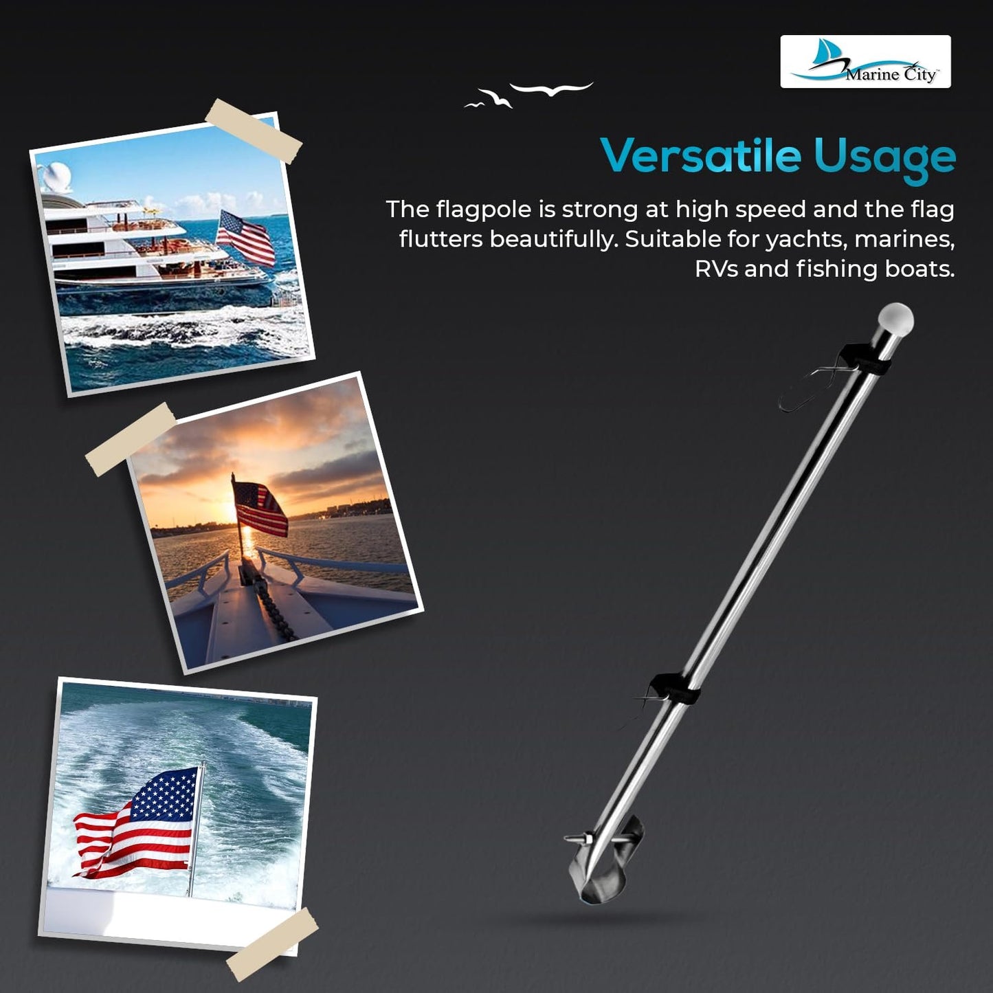 Marine City 304 Stainless Steel Rail Mount Flag Staff Pole with 12x18” US Flag