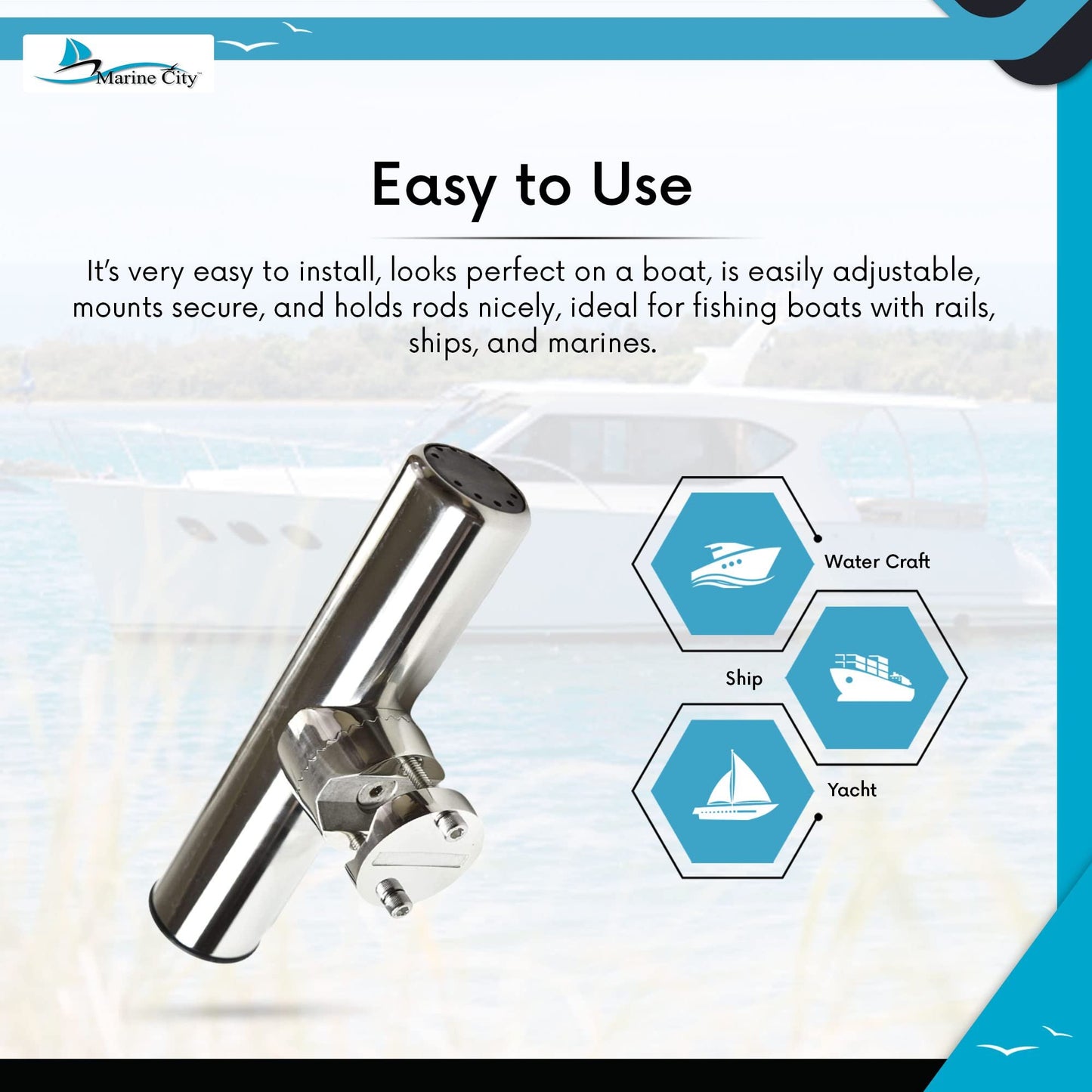 MARINE CITY 316 Stainless Steel Adjustable Clamp On Fishing Rod Holder 1”–1-1/4”