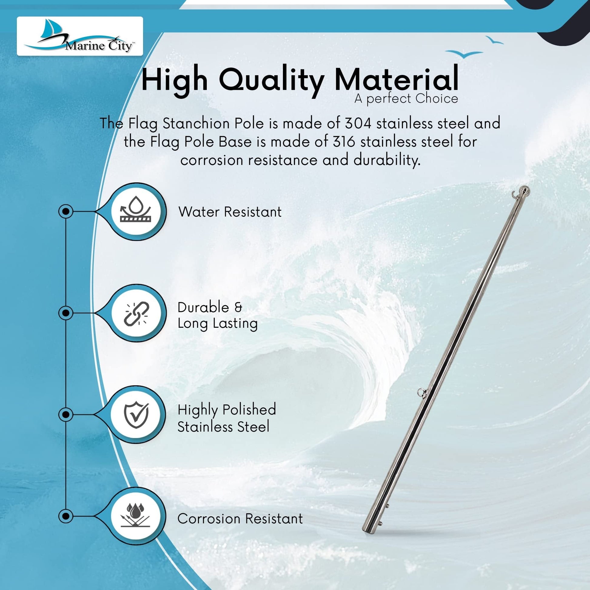 MARINE CITY 24-Inch Flag Stanchion Pole – 304 Stainless Steel, Adjustable Marine City