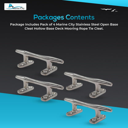 Marine City Open Base Cleat – 316 Stainless Steel, 4" Mooring Cleat (Pack of 4)