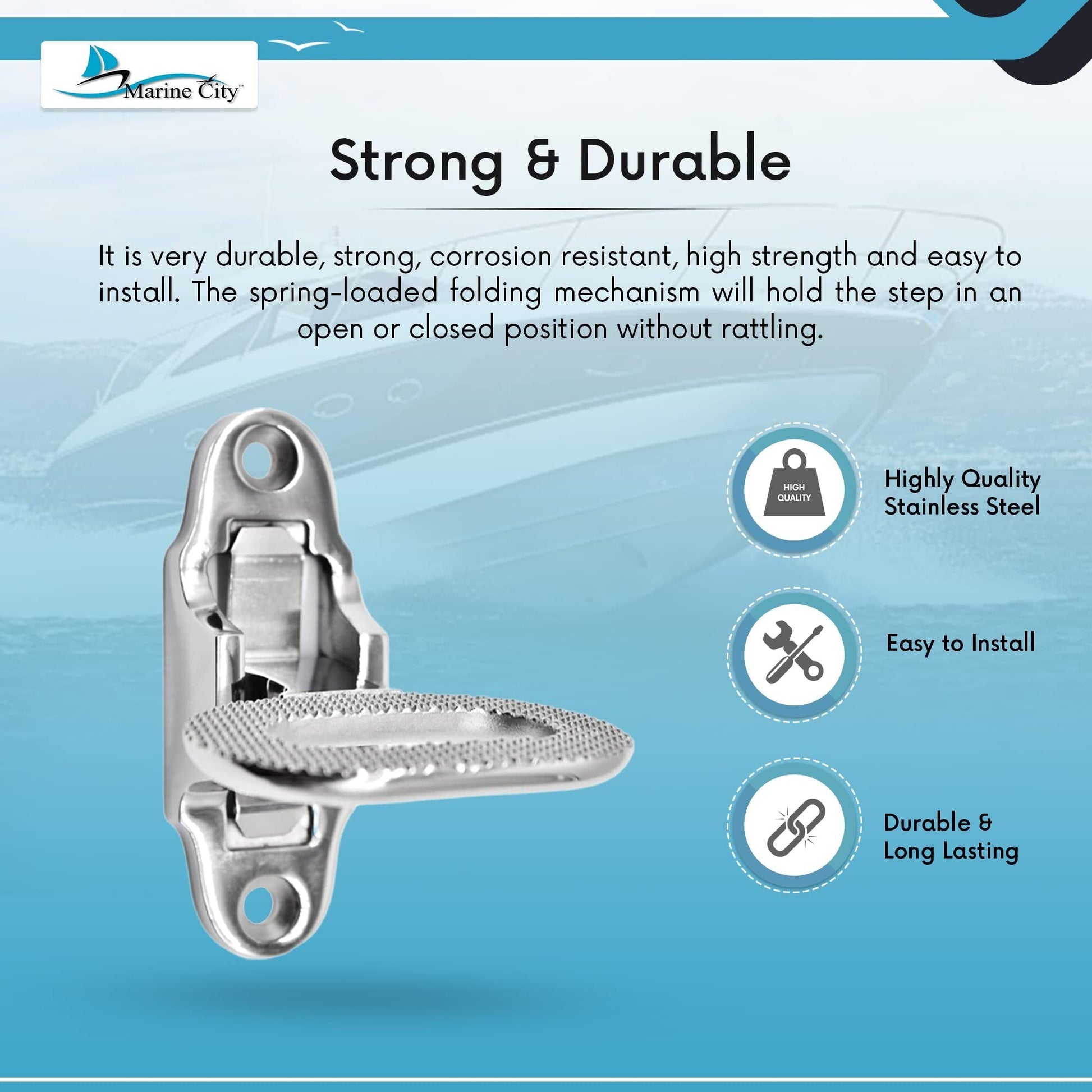 MARINE CITY Folding Grab Step – Stainless Steel, Heavy-Duty, Corrosion-Resistant Marine City Hardware