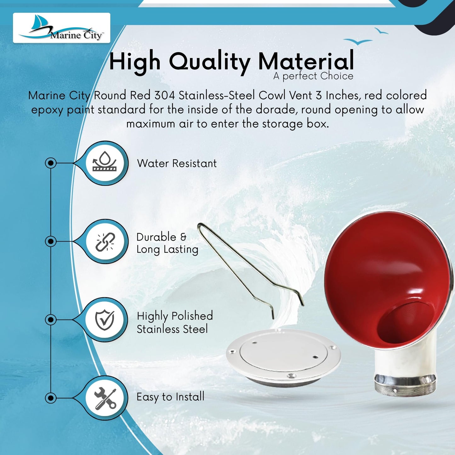 Marine City 4-Inch Round Red Cowl Vent with Deck Plate – 304 Stainless Steel
