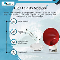 Marine City 4-Inch Round Red Cowl Vent with Deck Plate – 304 Stainless Steel