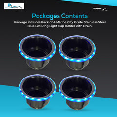 Marine City Stainless Steel 12V Blue LED Ring Cup Holder with Center Drain