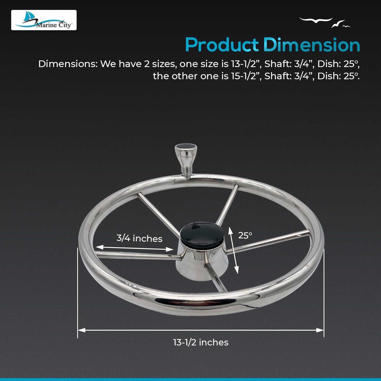 Marine City 5-Spoke Stainless Steel Steering Wheel – 13-1/2” Marine Helm Wheel MARINE CITY