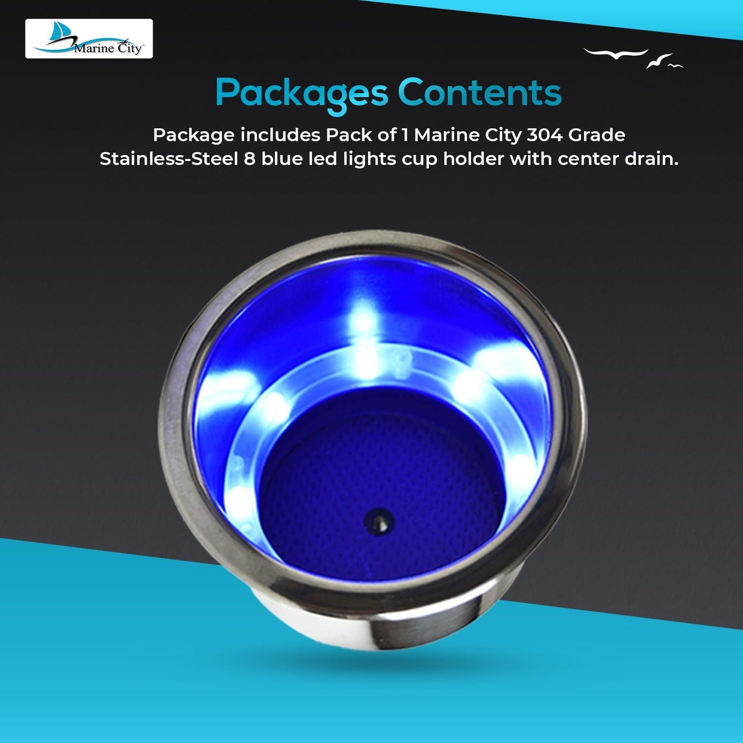 Marine City 8 Blue LED 12V Illuminated Stainless Steel Cup Holder with Drain