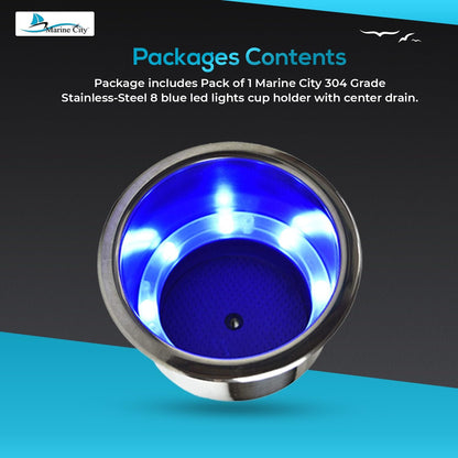 Marine City 8 Blue LED 12V Illuminated Stainless Steel Cup Holder with Drain