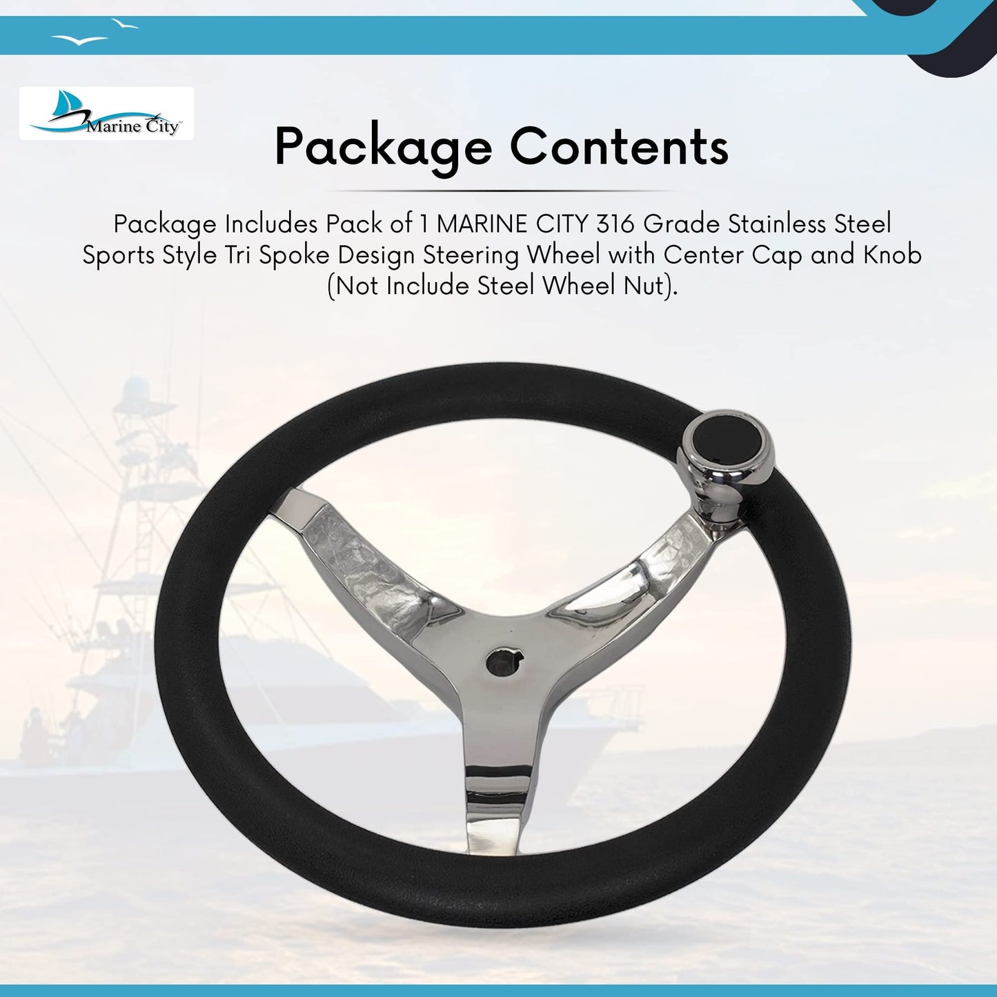 MARINE CITY 3-Spoke Steering Wheel with Knob – 13-1/2” 316 Stainless Steel
