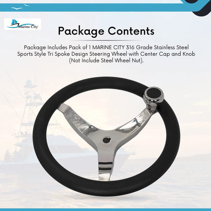 MARINE CITY 3-Spoke Steering Wheel with Knob – 13-1/2” 316 Stainless Steel