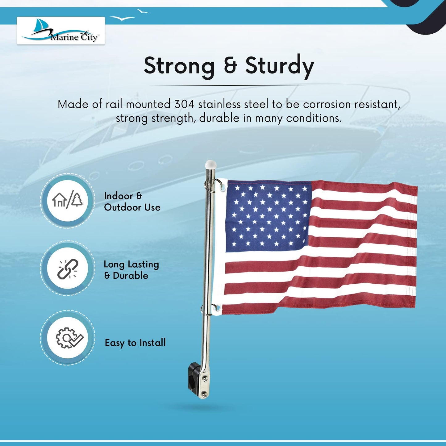 MARINE CITY 304 Stainless Steel Flag Pole with US Flag & Plastic Rail Clamp