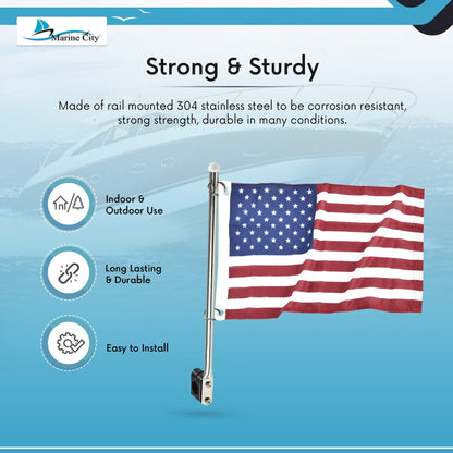 MARINE CITY 304 Stainless Steel Flag Pole with US Flag & Plastic Rail Clamp