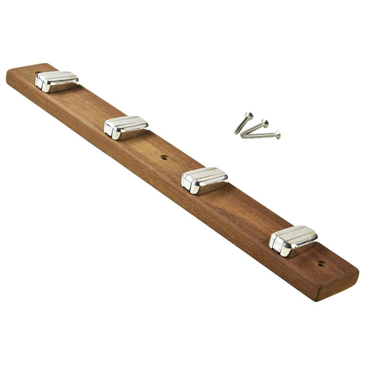 Marine City Teak Base Wall Mount 4-Hook Rack – Heavy Duty 316 Stainless Steel