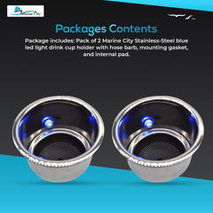 Marine City Stainless Steel 12V Blue LED Illuminated Drink Holder with Drain
