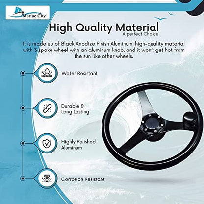Marine City 13.5” Black Anodized Aluminum Sports Steering Wheel with Knob