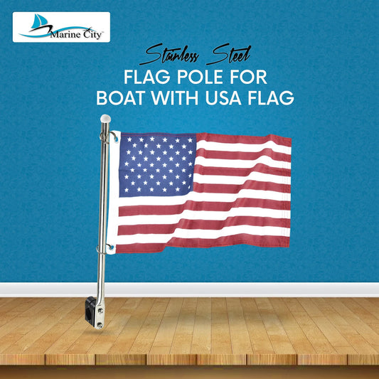 MARINE CITY 304 Stainless Steel Flag Pole with US Flag –Fits 7/8" to 1-1/4" Tube