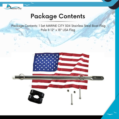 MARINE CITY 304 Stainless Steel Flag Pole with US Flag & Plastic Rail Clamp