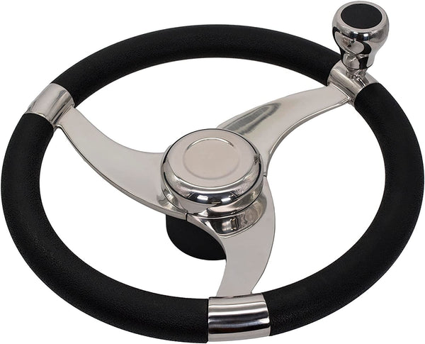 MARINE CITY Marine Boat Polished 316 Stainless Steel Sports style Tri-Spoke Design Steering Wheel with Stainless steel Center Cap / Knob / PU Foam 13-1/2" Diameter - 3/4" Tapered Shaft