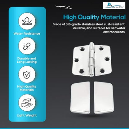 Marine City 316 Stainless Steel Covered Strap Hinges with Cover Caps (2 Pcs)