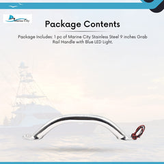 Marine City Newest Stainless Steel 9” / 12” / 16”/ 18” Grab Rail Handle with Blue 1/2 / 3 LED Lights (9” 1-LED-Light Grab Rail Handle)