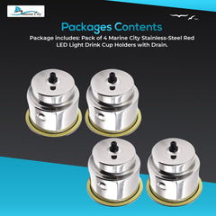 Marine City Stainless Steel 12V Red LED Ring Cup Holder with Center Drain