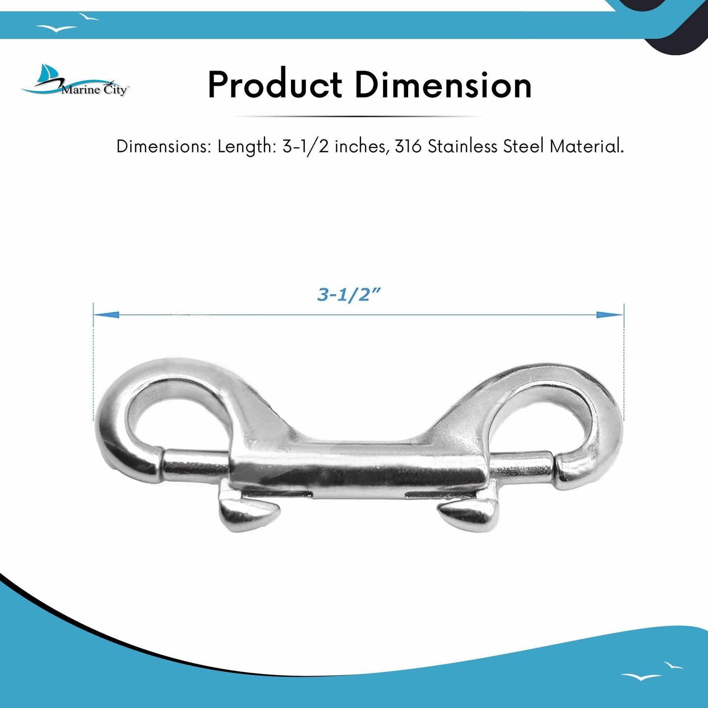 MARINE CITY Gancho de buceo con clip de doble extremo de acero inoxidable 316 de grado marino resistente de 3-1/2"
