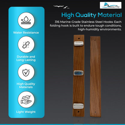 Marine City 3-Hook Rack with Teak Wood Base – 316 Stainless Steel Folding Hooks