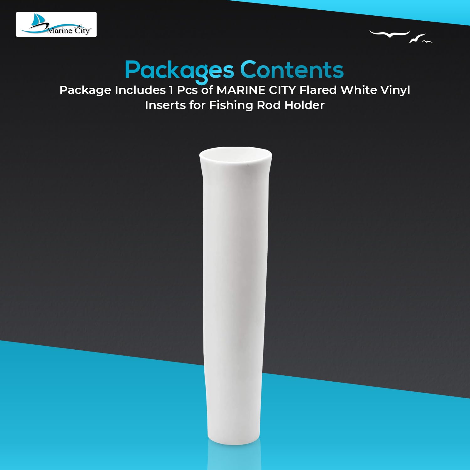White flared vinyl insert for fishing rod holder on a black and blue gradient background with Marine City branding.
