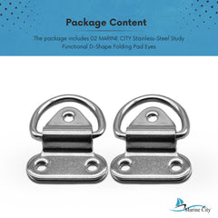 Marine City 2 PCS Stainless-Steel D-Shape Folding Pad Eye for Boat (2 inches ×2-1/4 inches)
