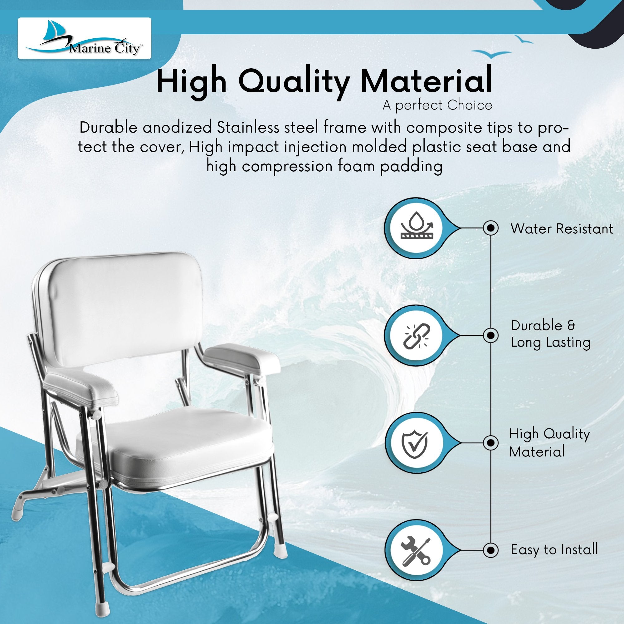 Marine City Aluminum Portable Folding Cushioned Boat Deck Beach Chair