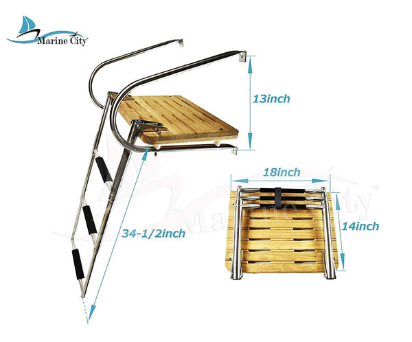 Marine City Stainless Steel Marine 3 Step I/B Swim Teak Platform Ladder