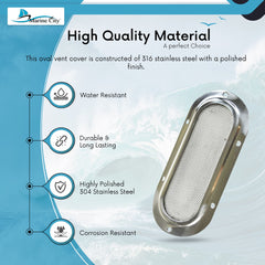 Marine City 316 Stainless Steel Oval Intake Vent Cover for Boat, Fountain Boat, Marine Yacht