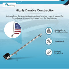 Marine City 316 Stainless Steel Rail Mounted Flag Staff for Boat Yacht,Cooperate with 7/8 Inches to 1 Inches Tube Boat