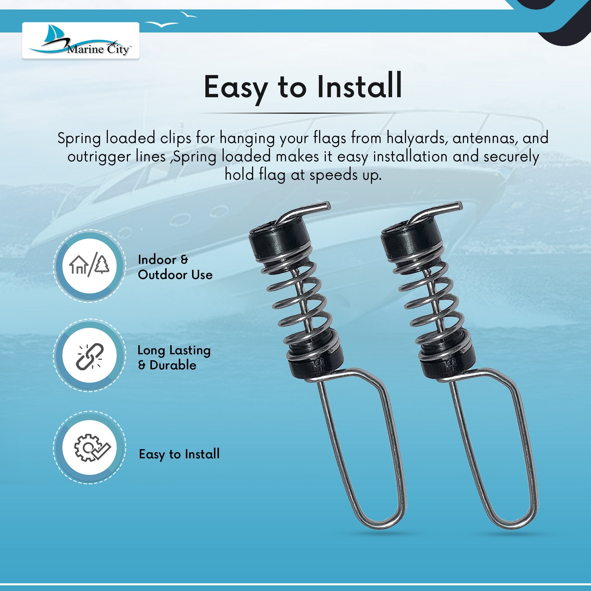 Marine City Stainless Steel Deluxe Antenna Flag Clips (2 Pcs) Marine City Hardware